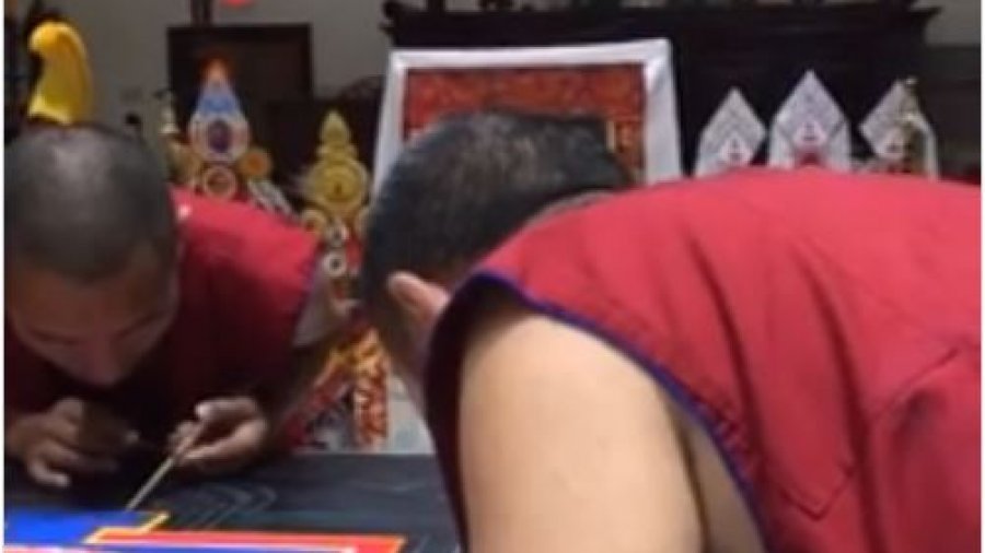 Tibetan Monks from Drepung Loseling Monastery Constructing Sand Mandala